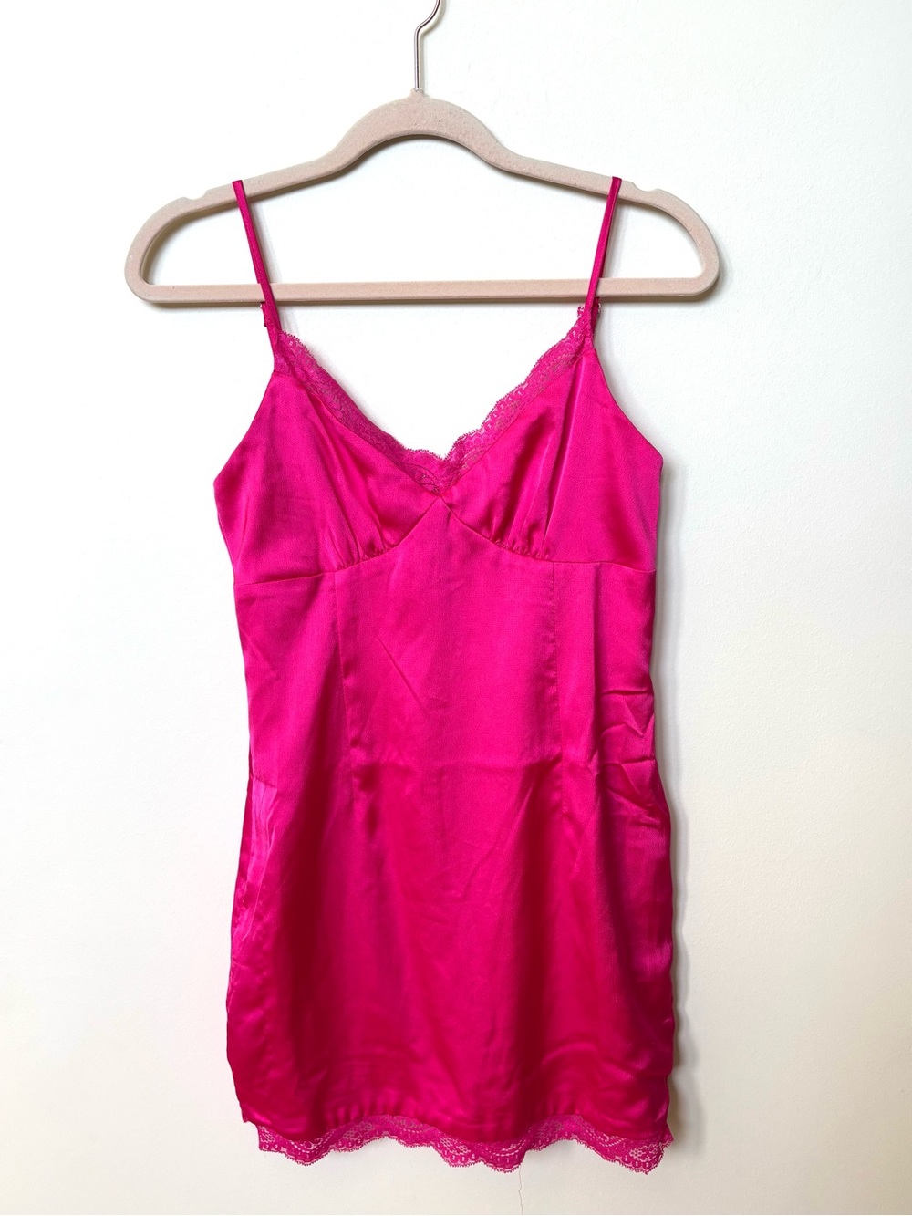 Hot Pink Satin Lace Trim Mini dress Y2K Coquette Slip dress Barbie going out 6